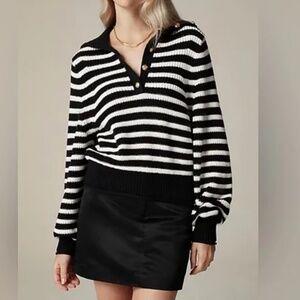 J.Crew Ribbed Stripe Button Collar Sweater Large Black White Cotton